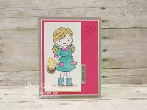 Adorable line art of an apron clad girl holding a basket of flowers. Bright and cheerful for any occasion. Uses Stampin’ Up! Garden Girl stamp set, paper craft, rubber stamp, DIY, handmade, cards, Everyday Jar framelits dies, decorative ribbon border punch