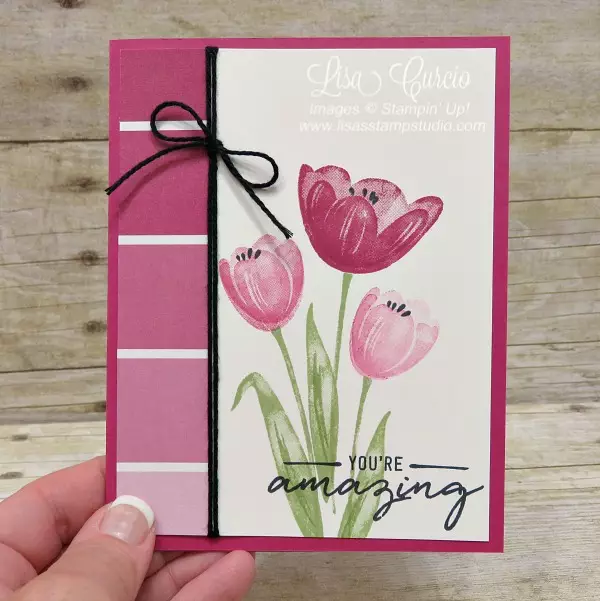 A beautiful ombre paint chip border brightens these tulip stems. Stampin' Up!'s Tranquil Tulip stamp set.