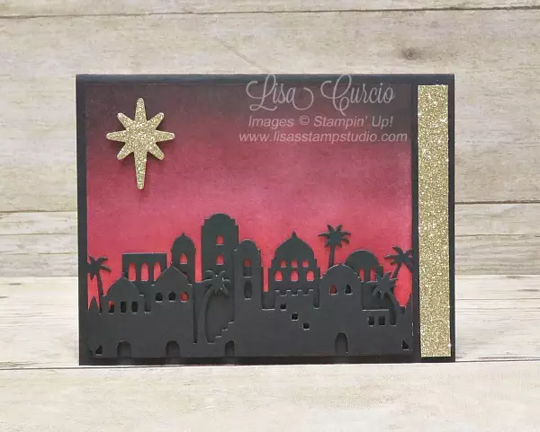 Beautifully sponged sky in tones of raspberry and black create the perfect silhouette for this Bethlehem cityscape Christmas card. Stampin' Up!'s Bethlehem Edgelits. 