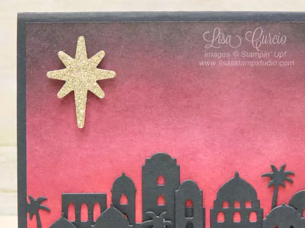 This gold glimmer star is the focal point for this beautifully sponged background of a Bethlehem skyline. Uses Stampin' Up!'s Bethlehem Edgelits.