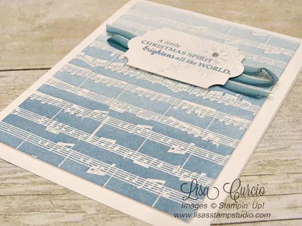 Christmas doesn't have to be just red and green. This Musical score with a heat emboss resist background. The blue tones are perfect for this wintery Christmas card. Stampin' Up! Sheet Music & Star of Light.