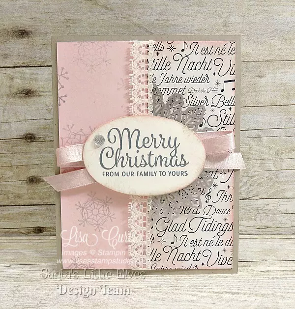 Beautiful vintage Christmas card with a blush and silver motif. Uses Stampin' Up!'s Snowflake Sentiments.