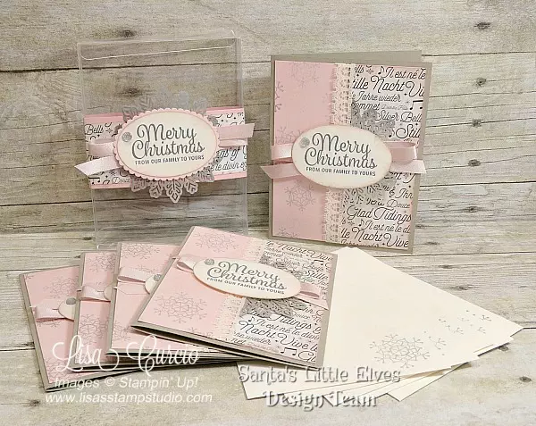 Beautiful vintage set of Christmas cards with blush tones and silver accents all presented in a clear gift box. Uses Snowflake Sentiments from Stampin' Up!