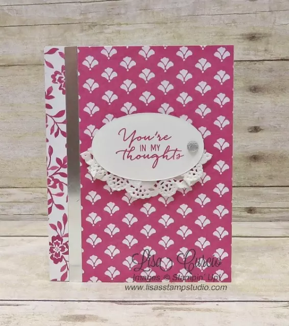 Bright and cheerful patterned paper provides the perfect background for a silver foil edge, simple sentiment and a touch of bling. Stampin' Up! Watercolor Wishes Card Kit and Fresh Florals Designer Paper.