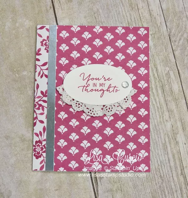 Ariel view of a simple sentiment is highlighted by a touch of bling and a beautiful ruffled doily border. Stampin' Up! Watercolor Wishes Card Kit and Fresh Florals Designer Paper.