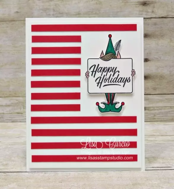 Strips of red cardstock are used to create a candy cane frame for this little elf holding a Christmas greeting. Stampin' Up!'s Festive Phrases.