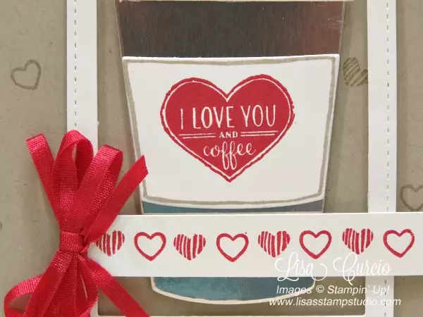 I love you and coffee card using the Stampin' Up! Stitched Shapes Framelits to make an extended long rectangle frame and the Merry Cafe stamp set.