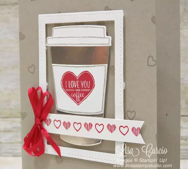Side angle view of an I love you and coffee card using the Stampin' Up! Stitched Shapes Framelits to make an extended long rectangle frame and the Merry Cafe stamp set.
