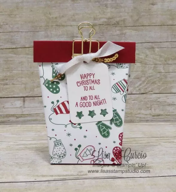 Mini box in a bag favor/gift bag decorated for Christmas. Great for parties, showers, weddings and holidays. Video tutorial teaches you how. Stampin' Up!