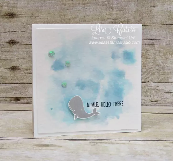 A watercolored background provides the perfect setting for this whale complete with iridescent sequin bubbles. Message in a Bottle by Stampin' Up!