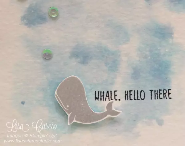 Close up . view of a watercolored background provides the perfect setting for this whale complete with iridescent sequin bubbles. Message in a Bottle by Stampin' Up!