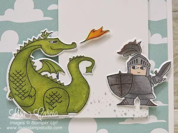 Close up view of a fire breathing dragon is no match for this knight in shining armor. Magical Day and Magical Mates Framelits by Stampin' Up!. Alaska Achievers Blog Hop.