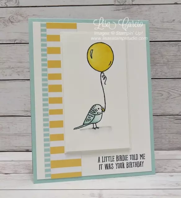 Bird Banter Birthday Card features an adorable parakeet holding a balloon with a simple stripe and washi tape border. Stampin' Up!