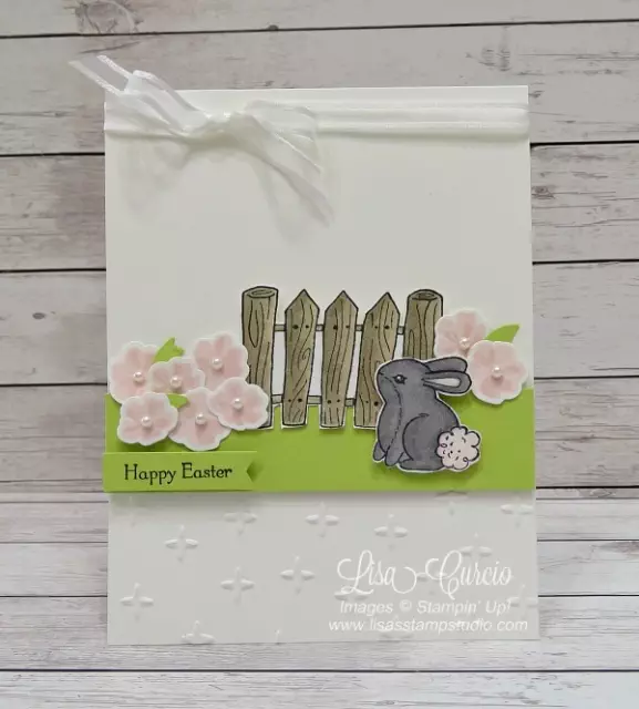 This garden scene features beautiful pink flowers along a fence line with a bunny for this Easter card. Garden Girl Stampin' Up!