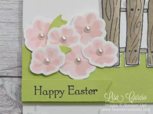 The spring garden is blooming with pink flowers for this Easter card. Garden Girl Stampin' Up!