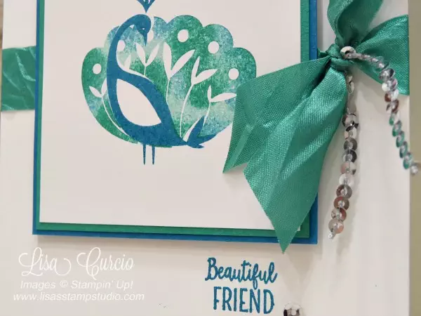 Video tutorial to create a two-toned image using the Beautiful Peacock by Stampin' Up! Crinkled seam binding and sequin accents.