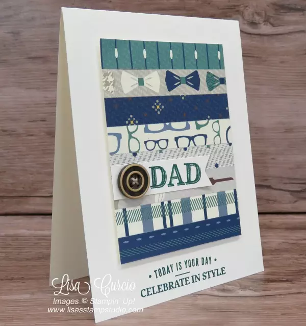 Paneled with strips of coordinating designer paper and a simple Dad banner and button for birthday for Father's Day. Stampin' Up! Truly Tailored Angled view