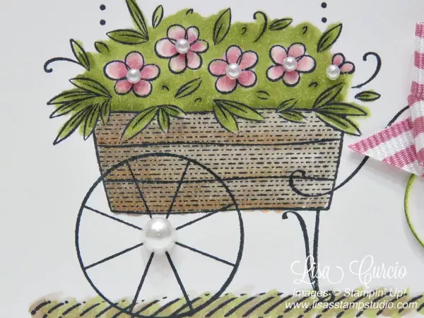 Friendship's Sweetest Thoughts by Stampin' Up. Close up view of a flower cart colored with Stampin' Blends alcohol markers.