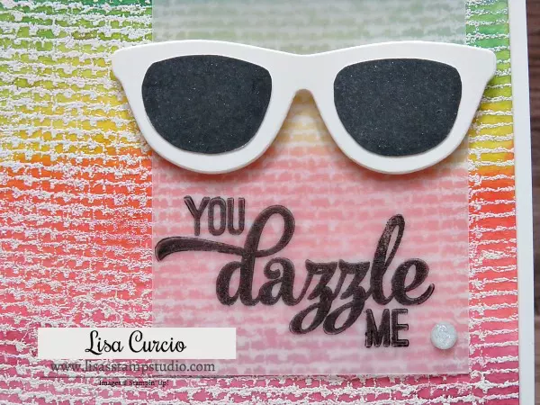 Let the sunshine in! A spectrum of colors are laid over an embossed burlap background with a vellum overlay. Pocketful of Sunshine by Stampin' Up! Close up of sunglasses and vellum.