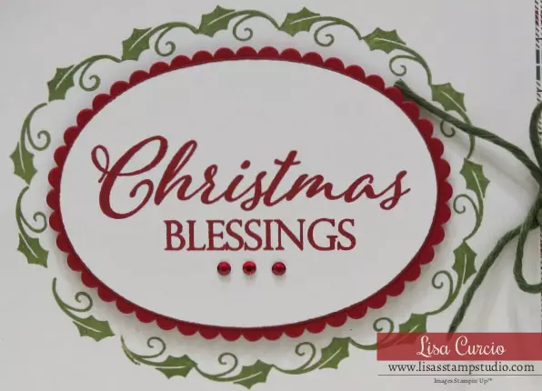 Video tutorial - use those small images to create an oval border! Christmas Card: Quick and Easy. Stampin' Up!'s Merry Christmas to All. Close up of bordered greeting.