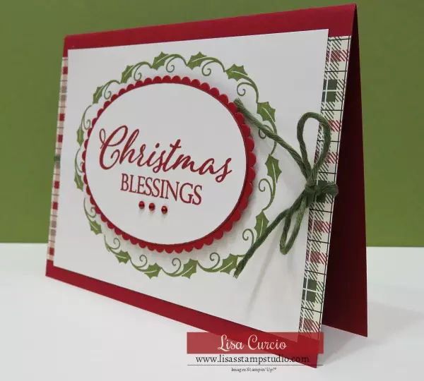 Video tutorial - use those small images to create an oval border! Christmas Card: Quick and Easy. Stampin' Up!'s Merry Christmas to All. Angled view.