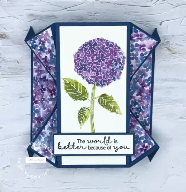 A Double fan fold card with stamped with hydrangea haven stamp set